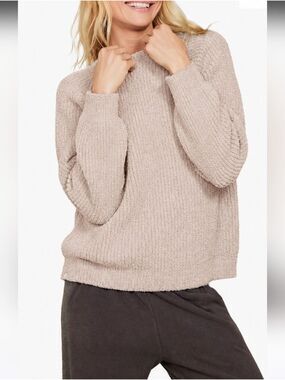 BAREFOOT DREAMS COZY CHIC RIBBED RAGLAN PULLOVER SWEATER ALMOND XS LIKE NEW!